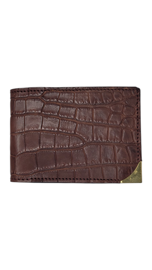 Mahogany Crocodile & Nappa Leather Bifold Wallet with 24K Gold-Plated Silver Hardware