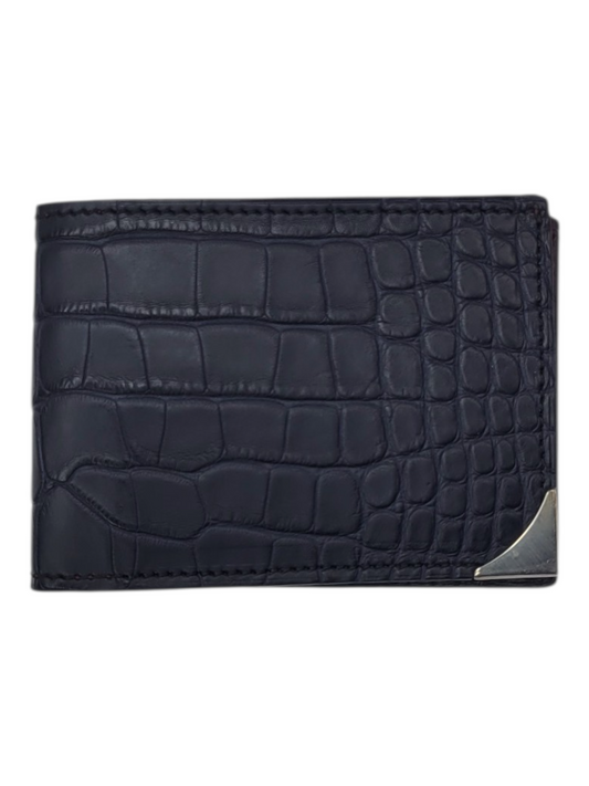 Midnight Navy Crocodile & Burgundy Nappa Leather Bifold Wallet with Sterling Silver Corner