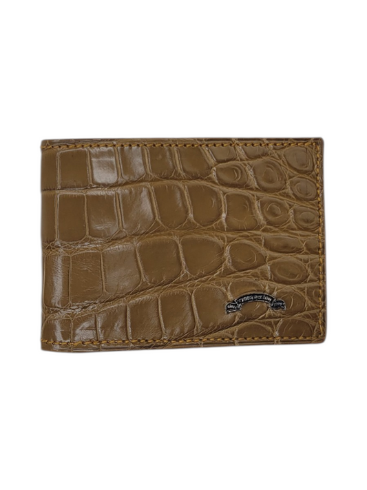 Olive Tan Nile Crocodile & Nappa Leather Bifold Wallet with Metal Logo