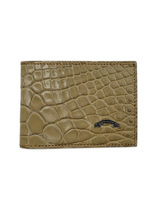 Sahara Beige Nile Crocodile & Nappa Leather Bifold Wallet with Metal Logo