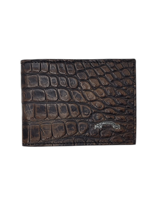 Bronze Chocolate Nile Crocodile & Nappa Leather Bifold Wallet with Metal Logo