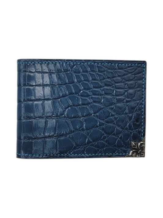 Sapphire Blue Nile Crocodile & Nappa Leather Bifold Wallet with Sterling Silver Corner Protector
