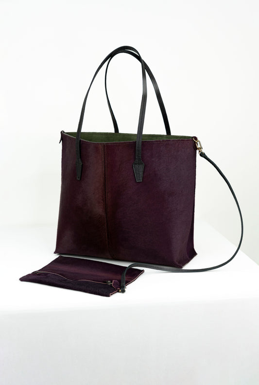 Deep Eggplant Pony Hair Tote Bag – Luxury Shopper with Forest Green Velvet Interior
