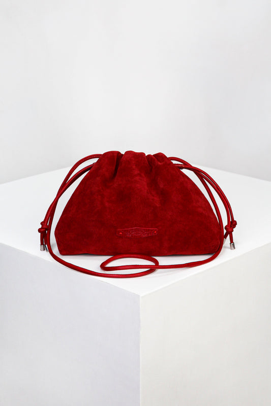 Red Velvet Suede Drawstring Clutch – Luxury Pouch with Crocodile Leather Accents