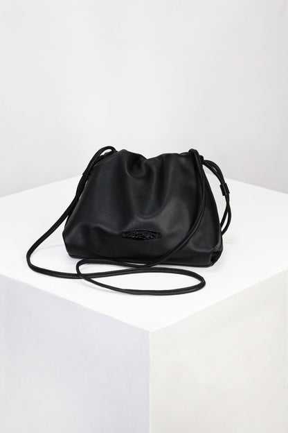 Black Italian Nappa Leather Pouch Clutch – Luxury Bag with Crocodile Accents