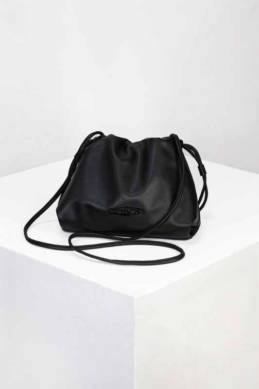 Black Italian Nappa Leather Pouch Clutch – Luxury Bag with Crocodile Accents