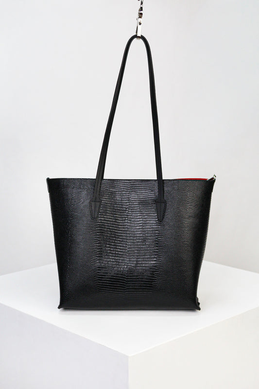 Black Iguana-Print Leather Tote Bag – Luxury Shopper with Red Velvet Interior