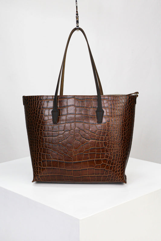 Cognac Brown Crocodile-Print Leather Tote Bag – Luxury Shopper with Matching Pouch